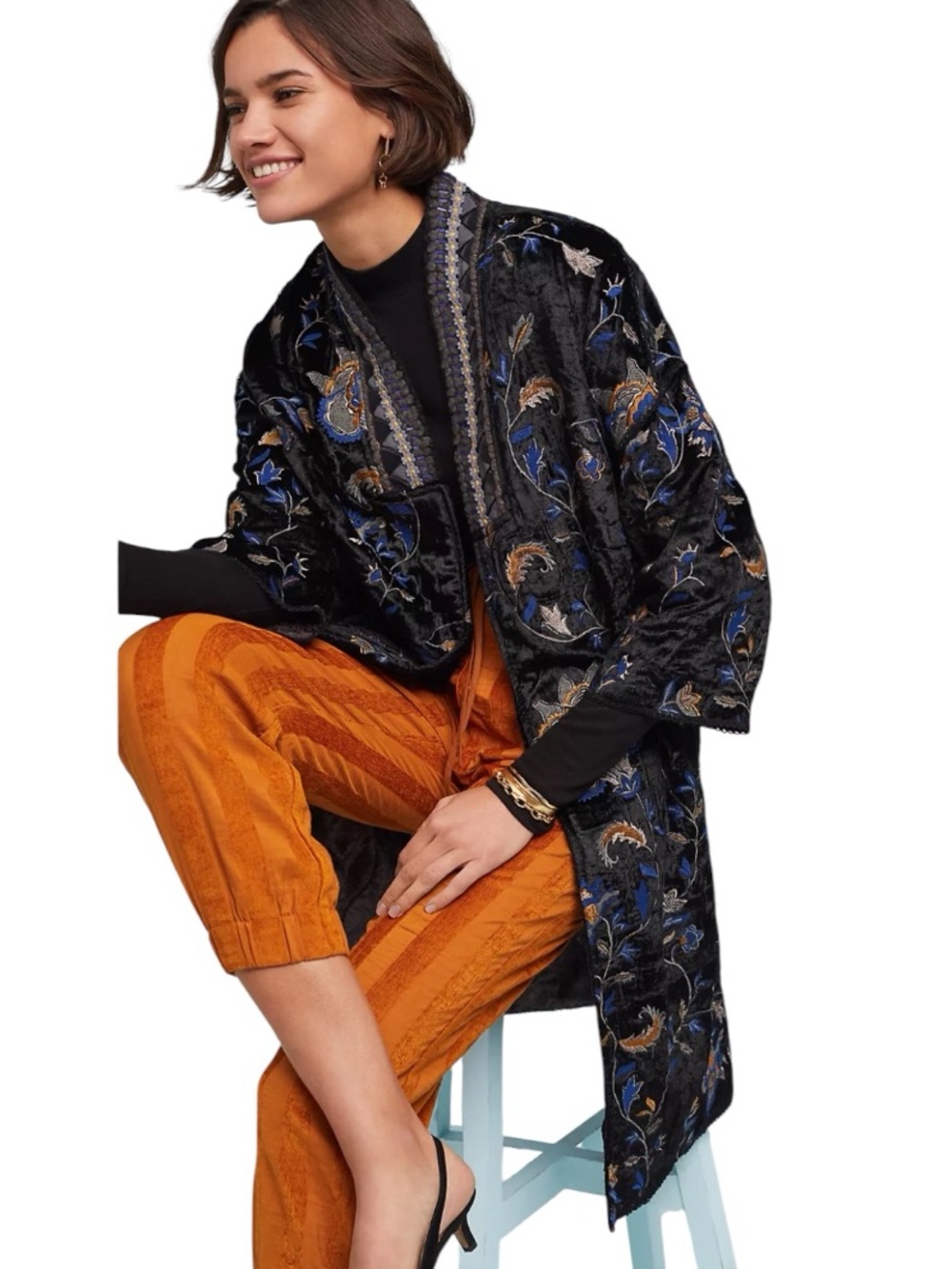 Anthropologie BL-NK London Roxanne Velvet Embroidered Floral Duster Jacket M - Picture 16 of 16